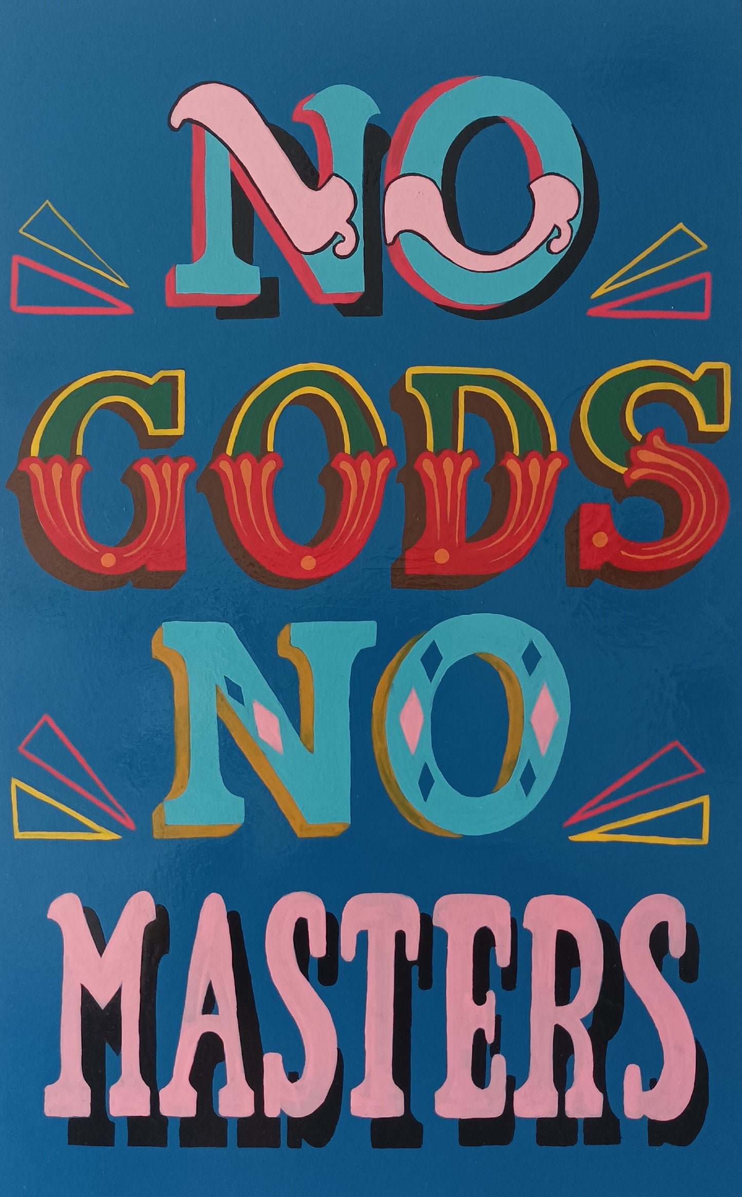 'No Gods No Masters', 2025, Enamel on board, 48.5x30cm by Dot Howard