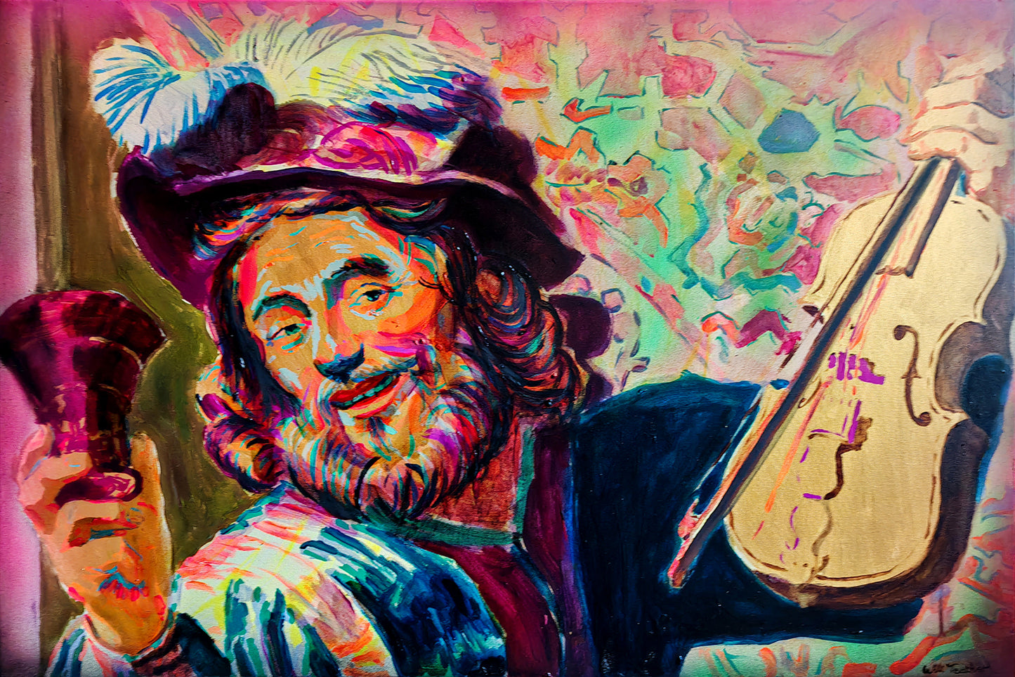 The Merry Fiddler (after Honthorst) - 61 x 91cm - Acrylic, oil and spray paint on canvas - Will Teather
