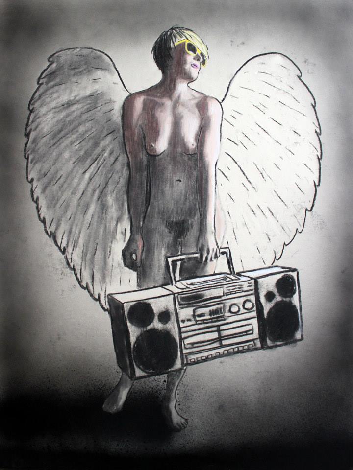 Desolation Angel - Charcoal, chalk and spray paint on board - 60 x 80cm- Will Teather