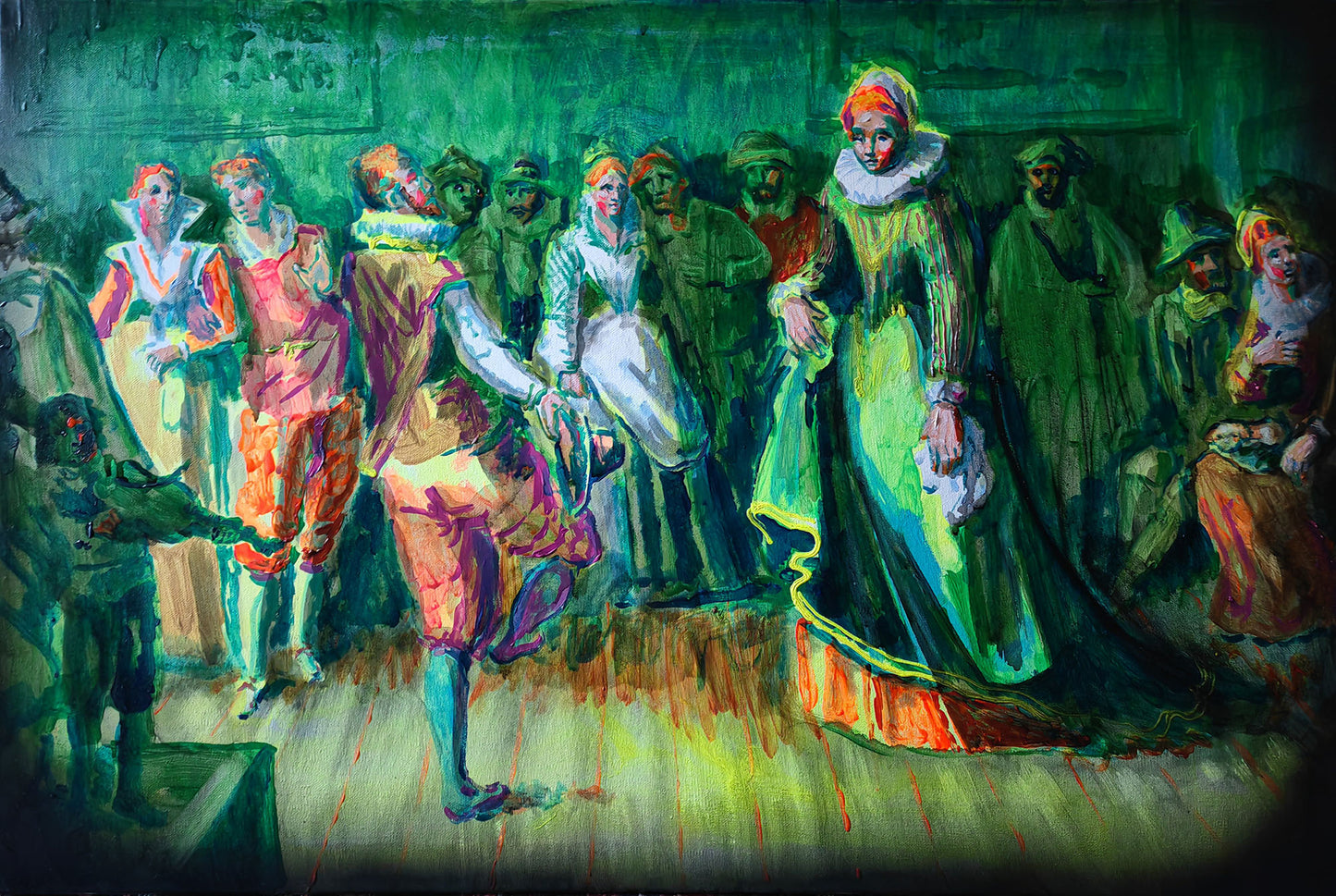 The Court  - 61 x 91cm - Acrylic, oil and spray paint on canvas - a painting by Will Teather