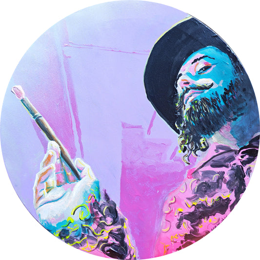 The Shifty Painter- Oil and acrylic on canvas - 40cm diameter by Will Teather