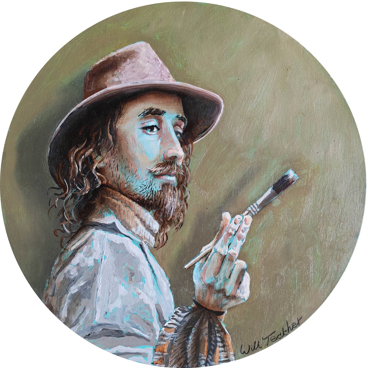 The Sleepy Painter- 30cm diameter- Oil on panel - Will Teather