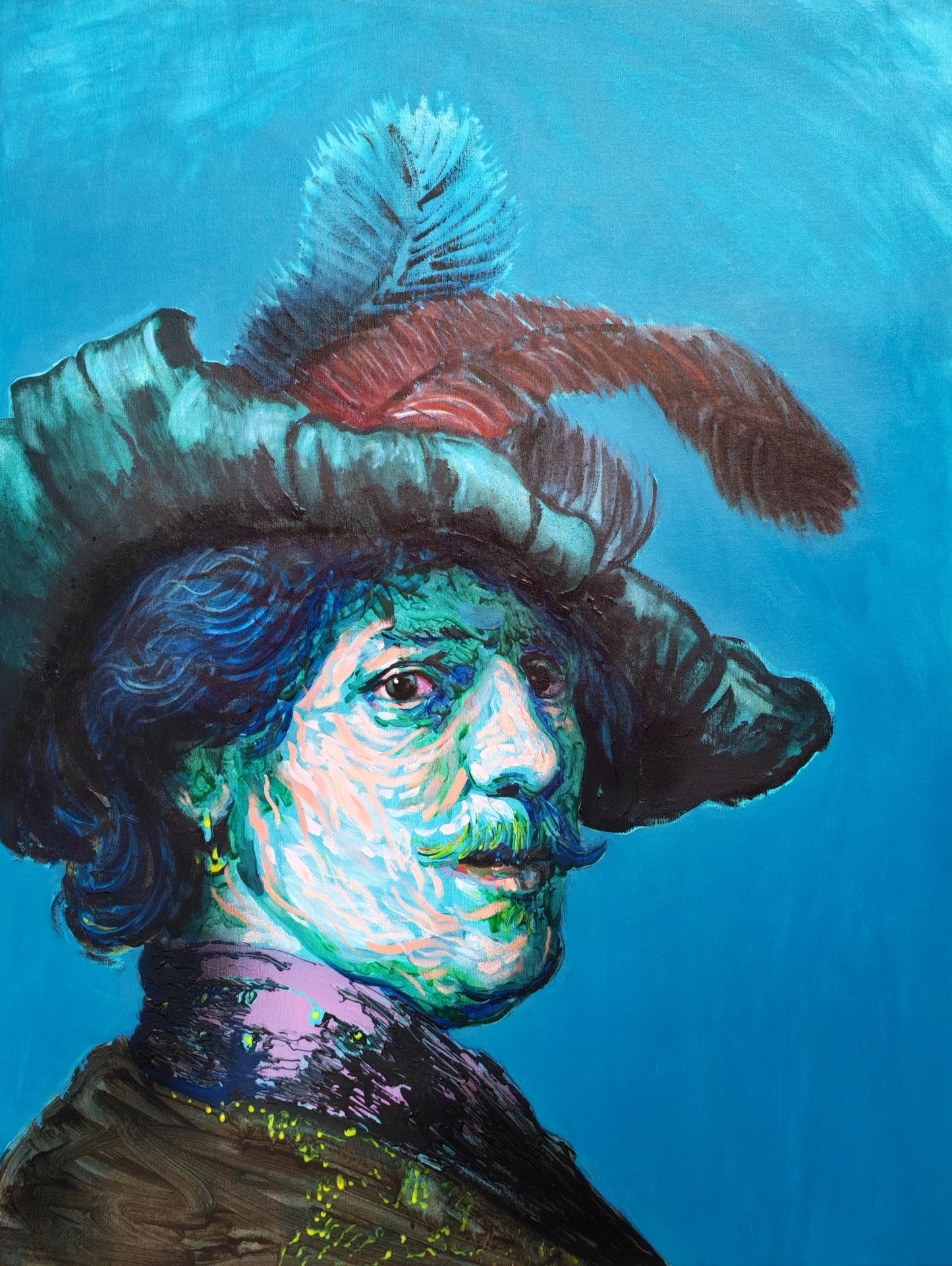 Man with a Feathered Beret (after Rembrandt) - oil and acrylic on canvas - 77 x 102cm- Will Teather
